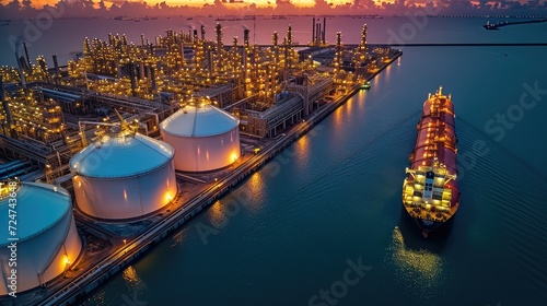 Aerial view of Oil terminal storage tank, Tank farm storage chemical petroleum petrochemical refinery product at oil storage terminal company, Business trade fuel energy transport. Generative AI. photo