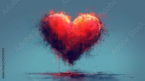  a red heart shaped object floating on top of a body of water with a splash of red paint on the top of the heart and the bottom of the image.