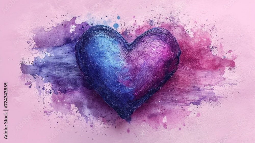 a painting of a blue and pink heart on a pink and purple background ...