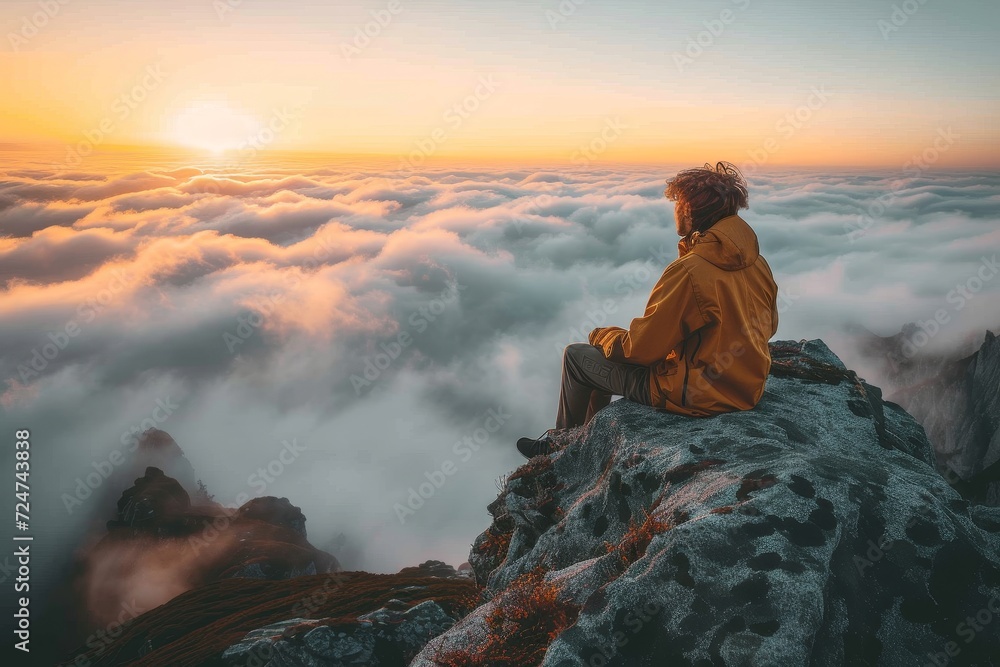 Obraz premium As the first rays of sunlight peeked through the fog, a solitary figure perched on a rock, lost in contemplation while surrounded by the ever-changing canvas of clouds and sky above the majestic moun