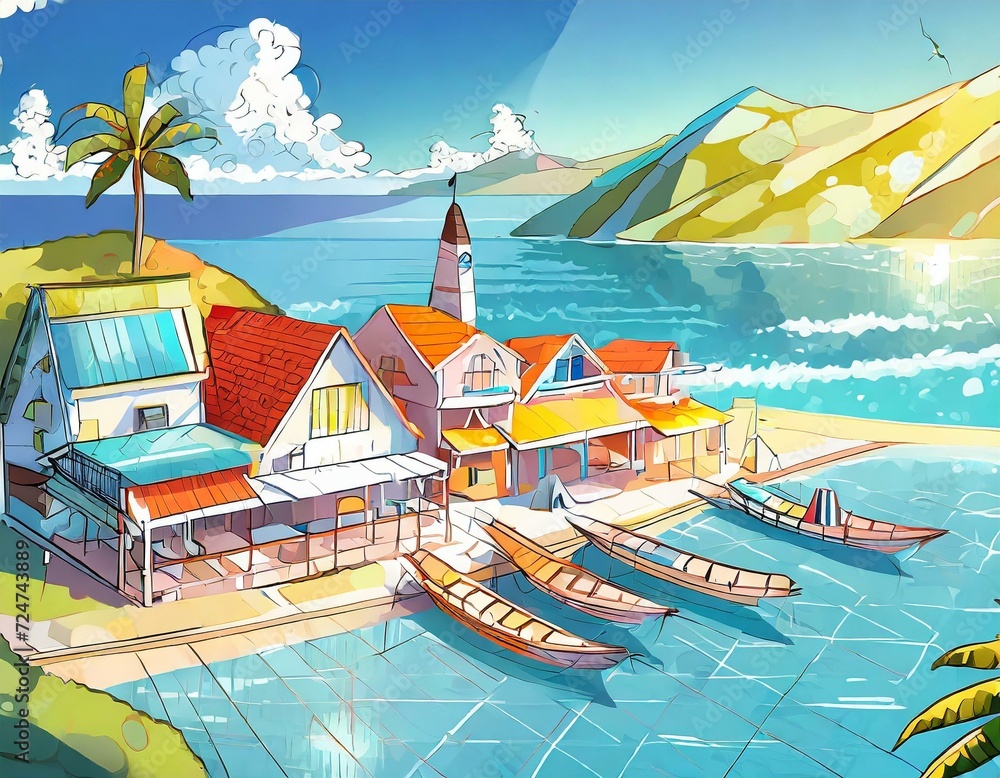 Coastal town summer vacation landscape poster, background concept design.