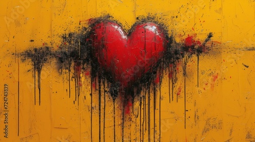  a painting of a red heart with black splatkles on a yellow background with a black spray paint splattered across the top of the heart and bottom of the image.