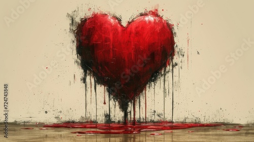  a painting of a red heart with blood dripping down the side of it and a white wall in the background with a white wall in the middle of the picture.