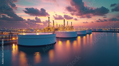 Side view of oil tank storage chemical petroleum petrochemical refinery product at oil terminal, Business commercial trade fuel energy transport by ship vessel. Generative AI. photo