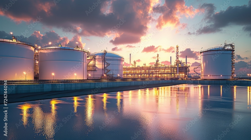 Side view of white oil tank storage chemical petroleum petrochemical ...