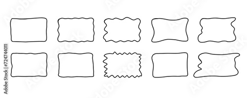 Rectangle blank frame set. Doodle hand drawn wavy curve deformed textured frames. Border sketch. Vector illustration isolated on a white background.