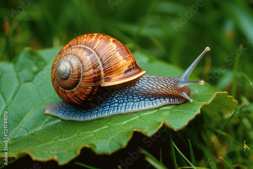 A tiny lymnaeidae snail rests atop a vibrant green leaf, its intricate shell glistening in the warm sunlight amidst a sea of grass and other invertebrates