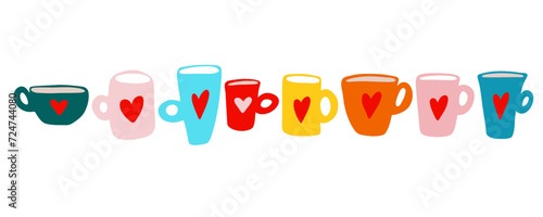 Hand drawn mug set. Doodle cup with hearts for Valentine's Day. Stock vector illustration isolated on a white background.