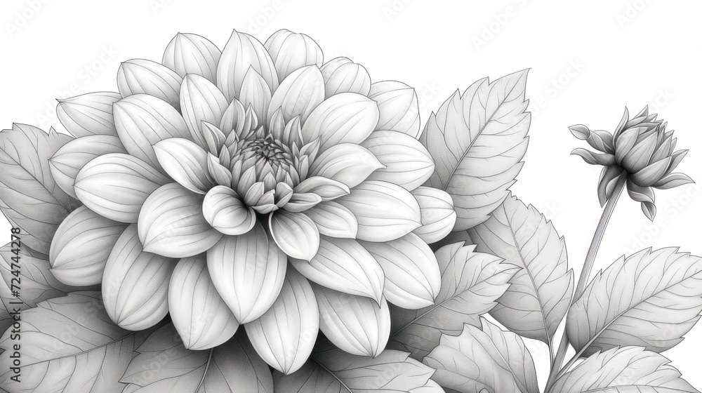  a black and white drawing of a flower with leaves on the bottom of the flower and a stem with leaves on the top of the bottom of the flower and bottom of the flower.