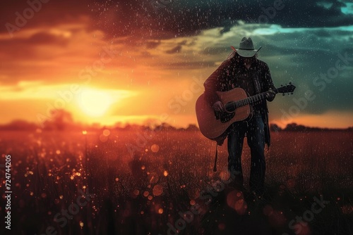 Amidst the golden glow of a setting sun, a rugged cowboy serenades the open sky with his soulful guitar melodies, his silhouette a striking contrast against the billowing clouds