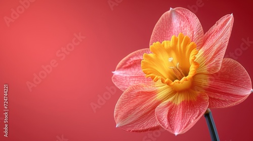  a close up of a flower with a red and yellow center and a yellow stamen in the middle of the center of the flower  on a red background is a red wall.