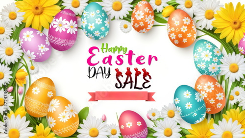 Easter Sale Banner With Colorful Eggs and Daisies