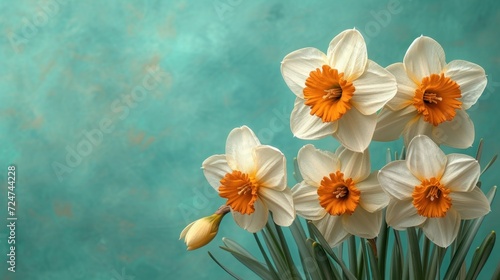  a bouquet of white and orange daffodils against a teal green background with copy - space for a textural message or a greeting card or a special occasion.