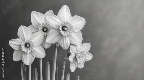  a black and white photo of a bunch of daffodils in a vase with sticks sticking out of the bottom of the vase and a black and white background.