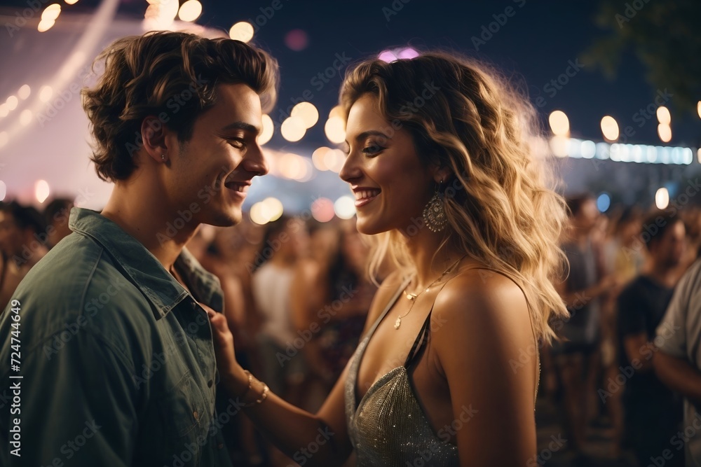Joyful Couple Dancing at a Night Open Air Music Concert