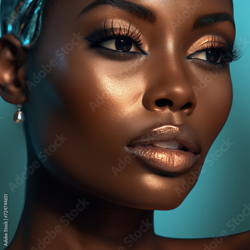 a woman with dark skin and blue eyes, in the style of photorealistic detail, dark beige and light aquamarine, close up, glossy finidh, contrasting shadows.
