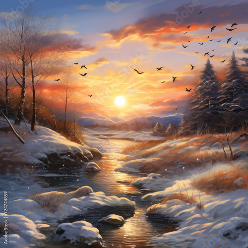 sunrise in winter, abstract landscap painting © wing