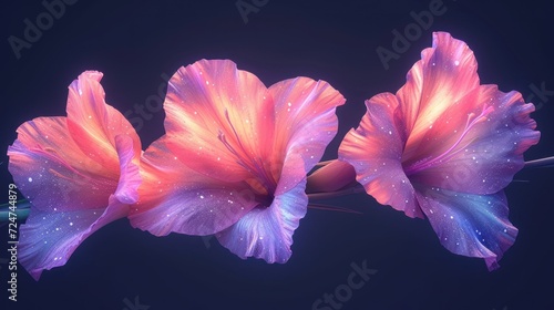  a close up of two pink flowers with water droplets on them on a black background with a blue background and a pink flower with water droplets on it's petals.