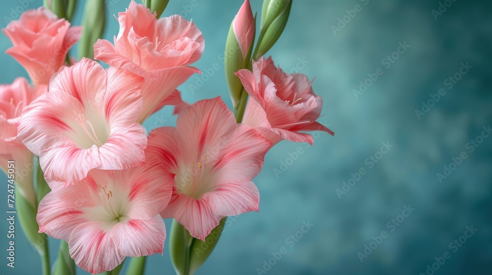  a close up of pink flowers in a vase on a blue background with a blurry back drop of the image in the top right corner of the picture and bottom corner of the picture.