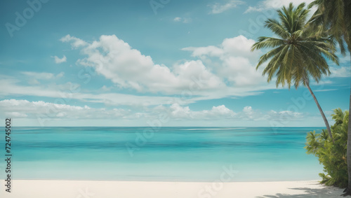 Serenity on the Shoreline A panoramic view of a tranquil tropical beach  where the sky meets the turquoise sea  creating a sense of calm and relaxation.