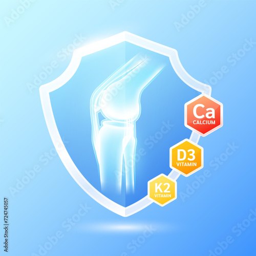 Knee joint bone in blue shield glass with Vitamin D3 K2 and Minerals calcium. Supplement nutrients necessary for health. Medical health care. Vector EPS10.