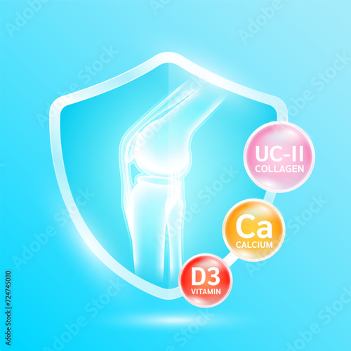 Knee joint bone in blue shield glass with Vitamin D3 Minerals calcium and Collagen. Supplement nutrients necessary for health. Medical health care. Vector EPS10.