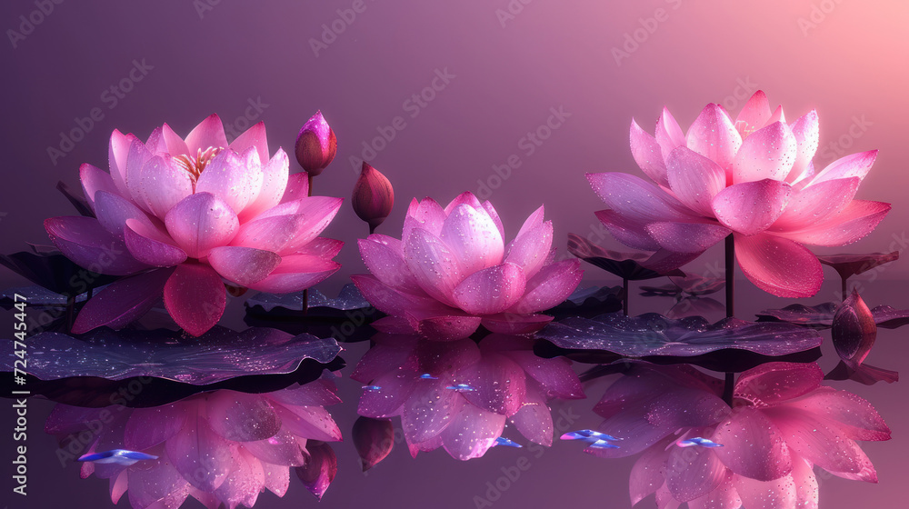  a group of pink water lilies floating on top of a body of water with drops of water droplets on the petals of the petals of the water lilies.