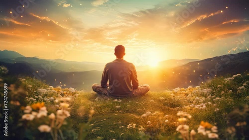 Person relax and meditate on grass field flower on sunset sky.  photo