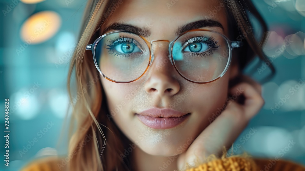Woman wearing pair of trendy glasses, Portrait of a customer buying and shopping for frames for better vision and eyesight in the eyeglasses store. Generative AI. Woman wearing pair of trendy glasses, Portrait of a customer buying and shopping for frames for better vision and eyesight in the eyeglasses store. Generative AI.