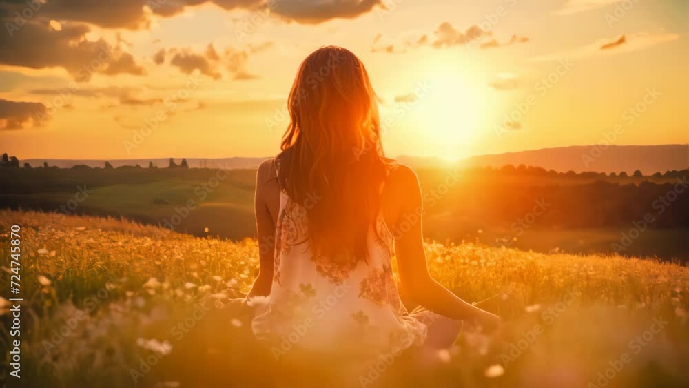 Person relax and meditate on grass field flower on sunset sky. Person relax and meditate on grass field flower on sunset sky.