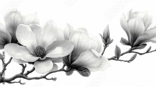  a black and white photo of a branch of a tree with three flowers on it and a budding flower in the middle of the branch  on a white background is a black and white background.