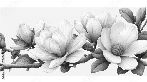  a black and white drawing of three flowers on a twig of a twig of a twig of a twig of a twig of a twig of a twig.