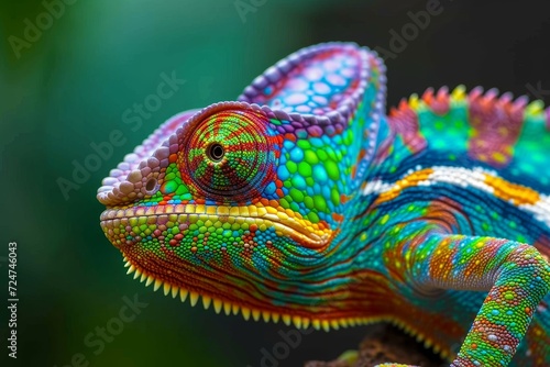 A fierce chameleon, its vibrant scales glinting in the sunlight, bares its sharp teeth in the wild outdoor landscape © Pinklife