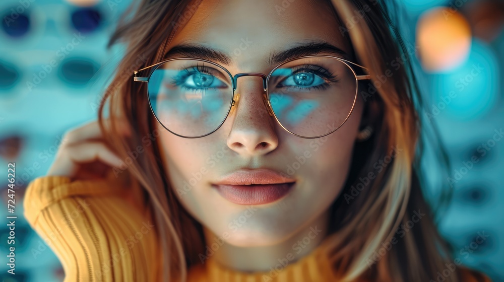 Woman wearing pair of trendy glasses, Portrait of a customer buying and shopping for frames for better vision and eyesight in the eyeglasses store. Generative AI.