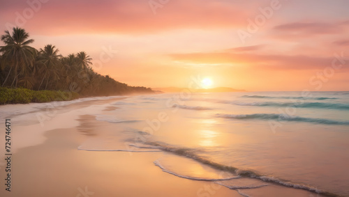 Sunrise Bliss Wide-reaching panorama capturing the blissful sunrise over a tropical beach, painting the sky and sea in warm pastel tones.