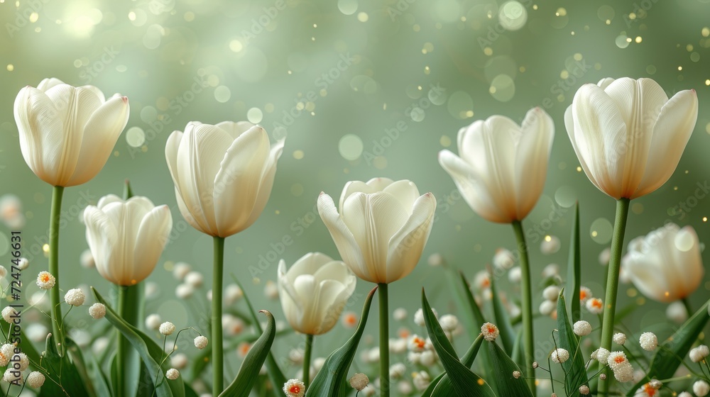  a group of white tulips in a field with a boke of light shining in the background and a green boke of grass and flowers in the foreground.