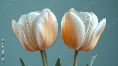  two white tulips are in a vase on a blue background with a few green leaves in the foreground and a blue background with a light blue back ground.