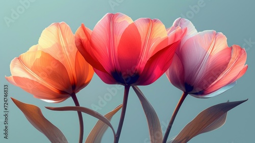  three pink and orange tulips in a vase on a gray and blue background  with a blue sky in the background  and a blue sky in the background.