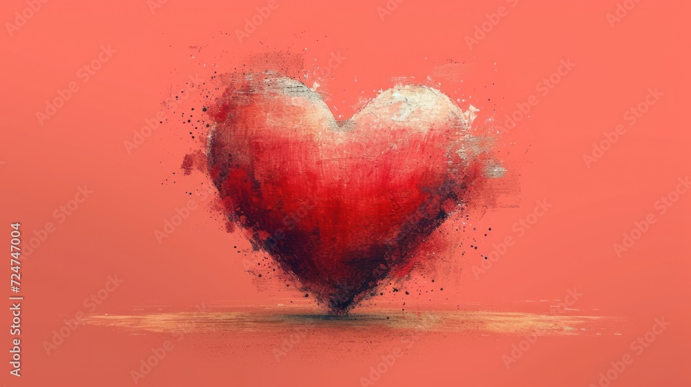 a painting of a red heart on a pink background with a small amount of paint splattered on the top of the heart and bottom half of the heart. a painting of a red heart on a pink background with a small amount of paint splattered on the top of the heart and bottom half of the heart.
