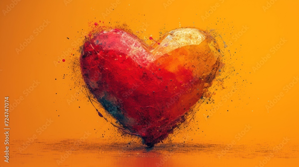 a red and yellow heart shaped object with a splash of paint on the side of the heart, on an orange background, with a reflection of the left side of the heart.