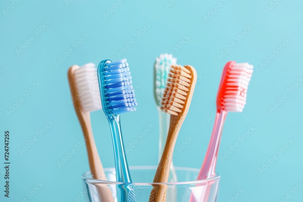 An array of toothbrushes sit patiently in a glass, tools for maintaining oral hygiene and a reminder of the importance of self-care in the comfort of one's home An array of toothbrushes sit patiently in a glass, tools for maintaining oral hygiene and a reminder of the importance of self-care in the comfort of one's home