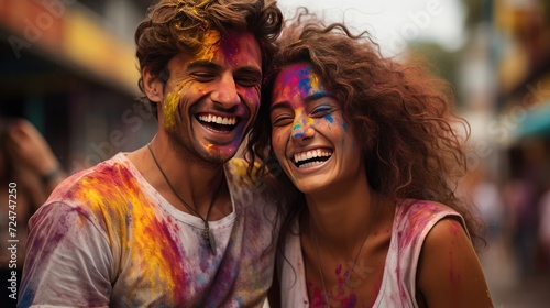 Man and Woman Covered in Colored Paint Creating Artistic Masterpiece, Holi