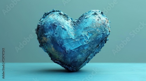  a blue heart shaped sculpture sitting on top of a blue counter top next to a gray wall in the shape of a heart with a building on it's side. photo