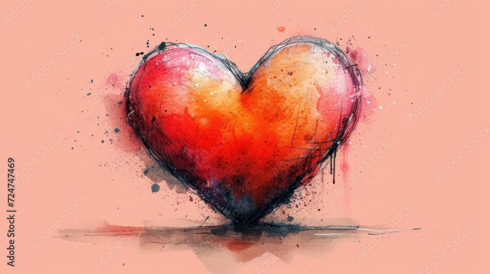a watercolor painting of a red and yellow heart on a pink background with a reflection of the inside of the heart on the bottom of the image and bottom half of the heart. a watercolor painting of a red and yellow heart on a pink background with a reflection of the inside of the heart on the bottom of the image and bottom half of the heart.