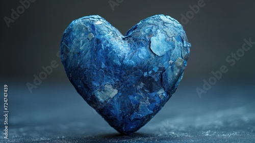  a close up of a blue heart shaped object on a table with a black back ground and a gray back ground with a small amount of blue paint on it. © Shanti