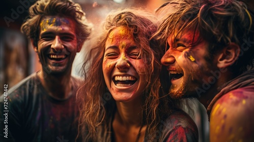 Two Women Covered in Colored Powder Smiling Happily Outdoors, Holi