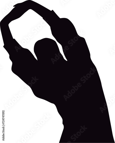 両手の指を組んで頭の上に伸ばして体を斜めにする女性のシルエット上半身