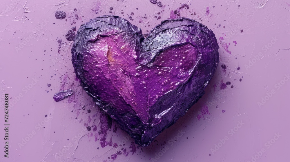  a purple heart shaped object sitting on top of a purple surface with lots of paint splattered on the top of the heart and bottom half of the heart.