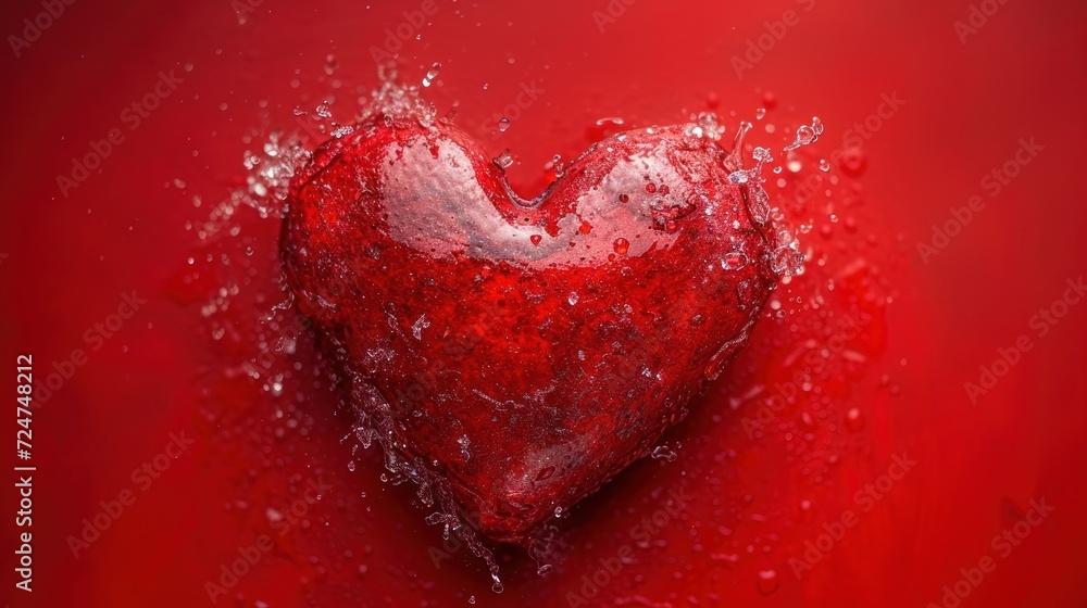 a red heart on a red background with drops of water on the heart and the word love written in the middle of the heart is surrounded by drops of water. a red heart on a red background with drops of water on the heart and the word love written in the middle of the heart is surrounded by drops of water.