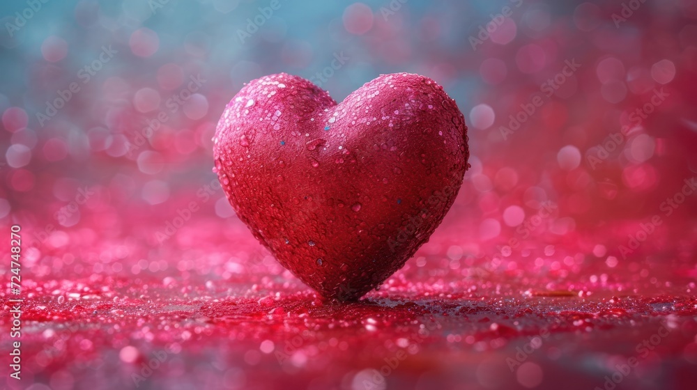  a red heart shaped object sitting on top of a pink ground with lots of water droplets on it and a blue sky in the background with pink and red boket.